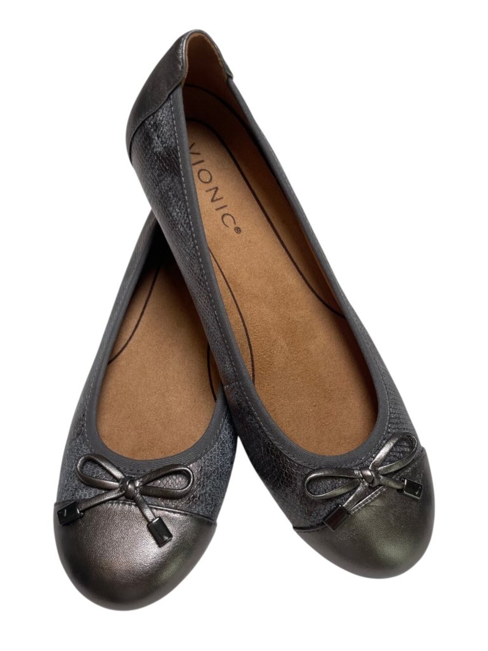 Vionic Minna Leather Ballet Flats Pewter Snake Metallic Bow Size 8.5